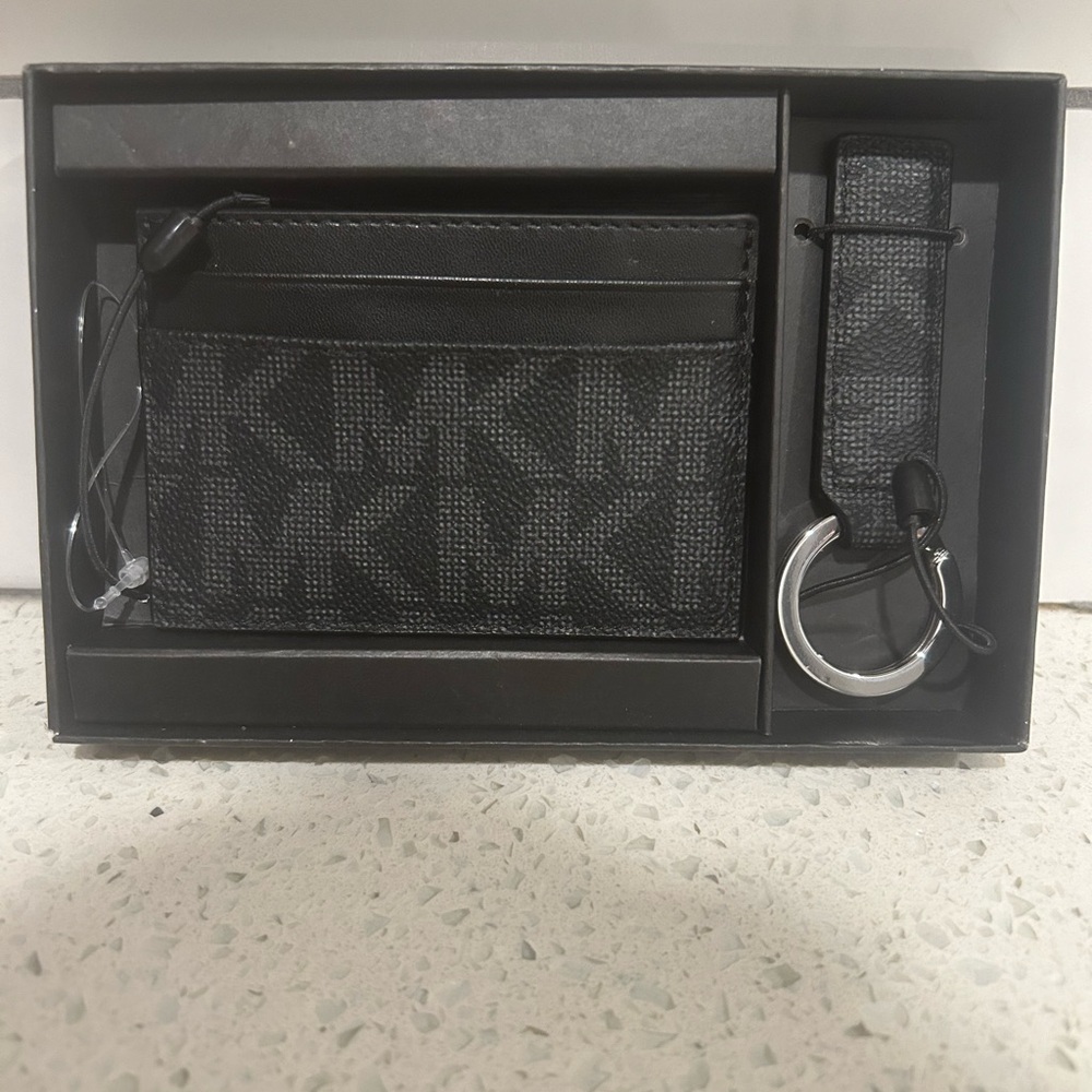 Michael Kors Black and Gray Card Holder with Keychain